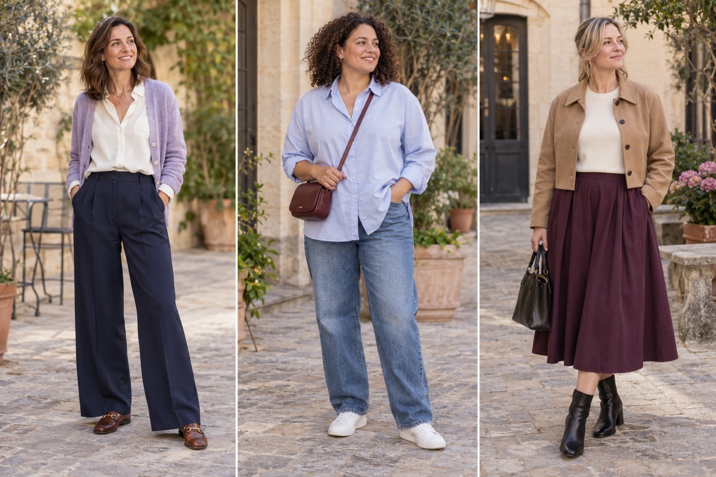 Three outfit shapes: wide trousers with a tucked shirt, relaxed jeans with a long shirt, and a full skirt with a short jacket.