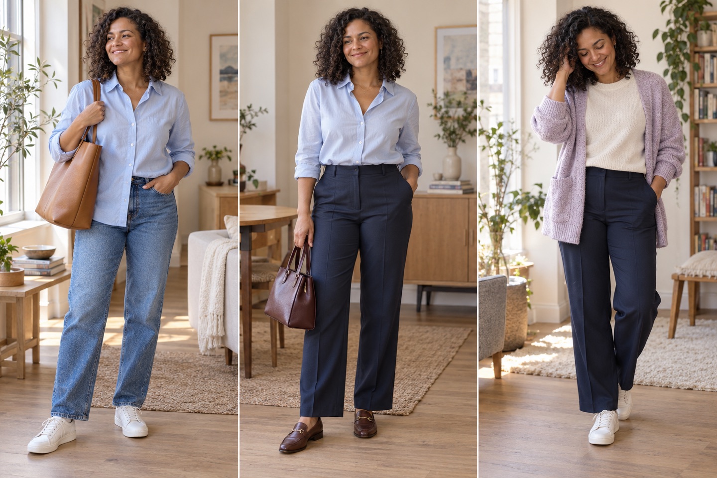 The same woman reuses a blue shirt and navy trousers across three everyday outfits.