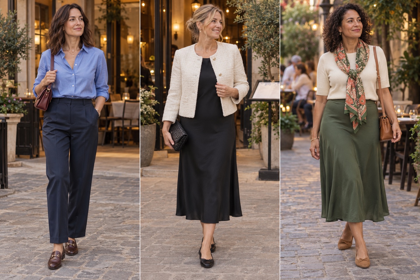Three evening-ready changes: a burgundy bag, a short jacket over a black dress, and a patterned scarf with a green skirt.