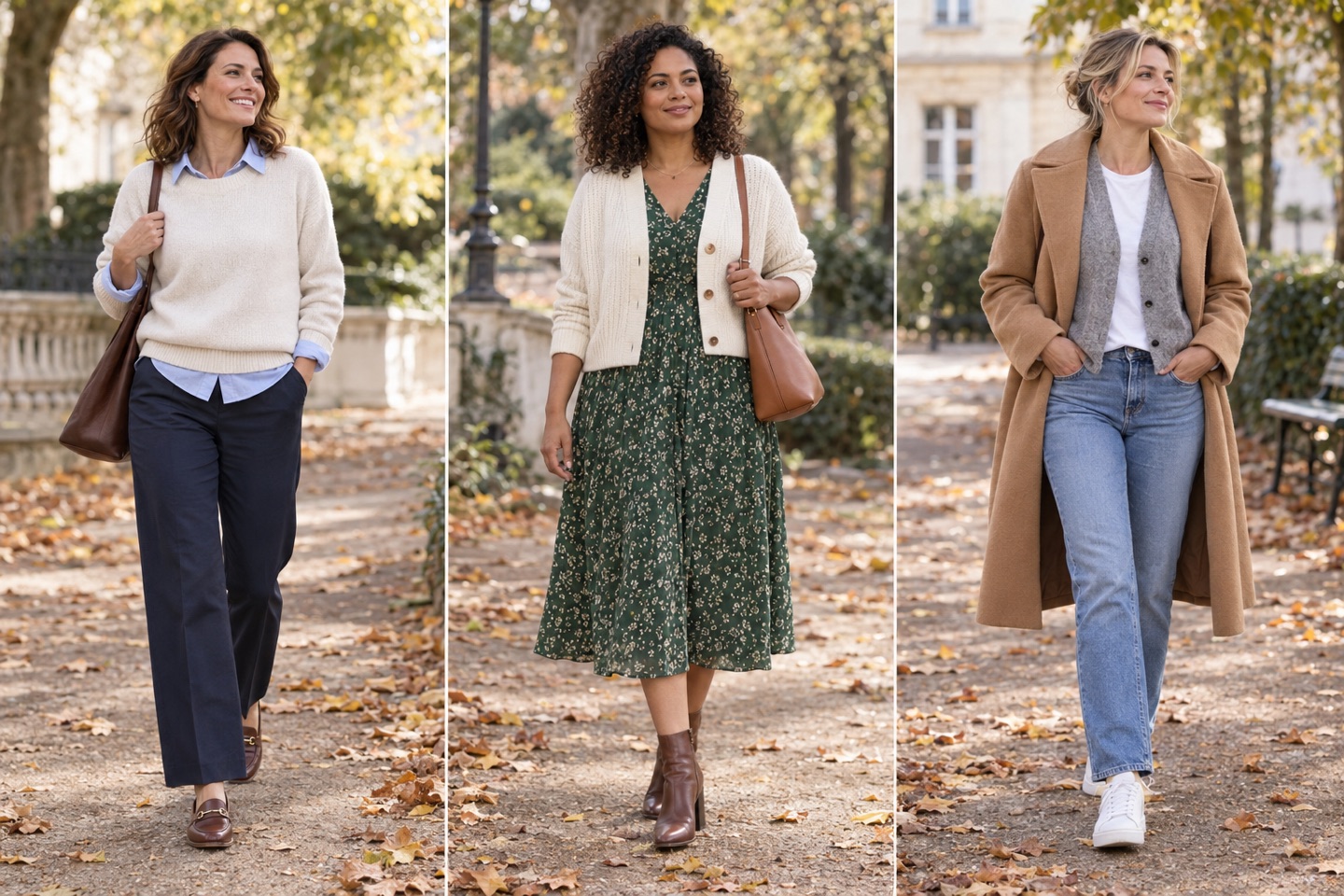 A blue shirt under a cream knit, a green dress with a short cardigan, and jeans with a cardigan under a roomy coat.