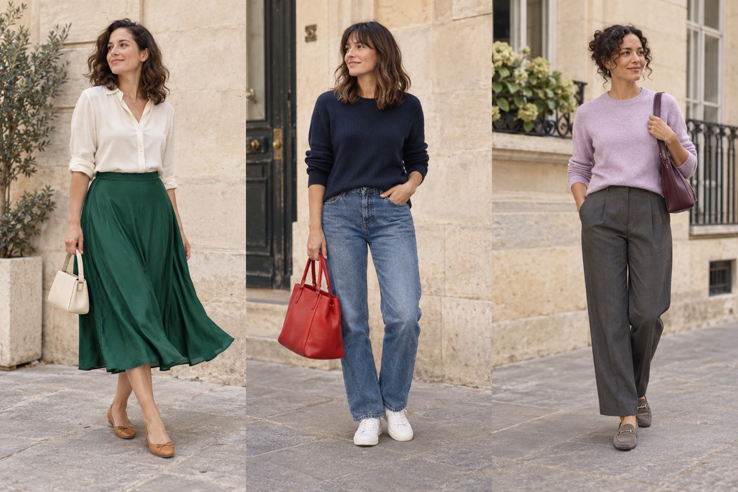 Three colour combinations: a green skirt with cream, navy and denim with a red bag, and lilac with charcoal.