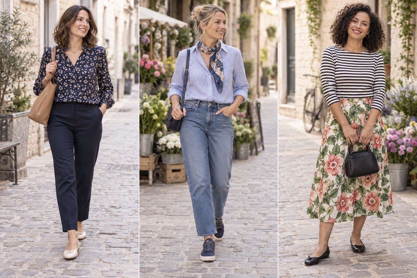 A floral blouse with plain trousers, stripes with a floral scarf, and a striped top with a larger floral skirt.