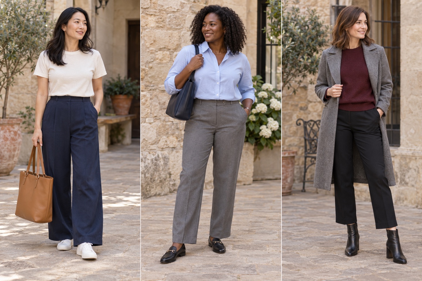 Wide-leg trousers with trainers, straight-leg trousers with loafers, and cropped trousers with ankle boots.