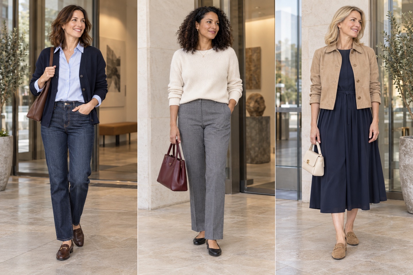 Three smart casual outfits: jeans with a shirt, a cream knit with grey trousers, and a navy dress with a light jacket.