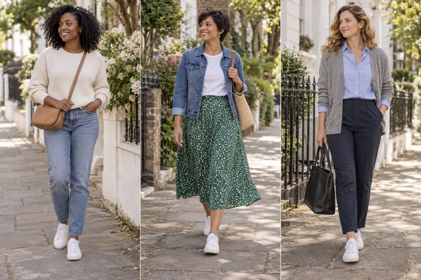 White trainers worn with blue jeans, a green midi skirt and navy tailored trousers.
