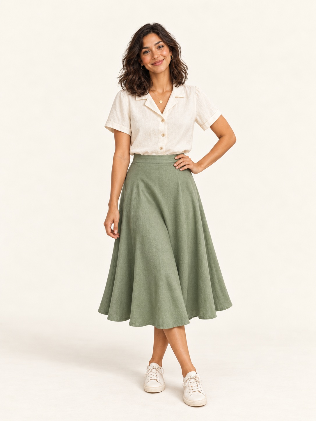 The same fictional adult woman wearing the green skirt with an ivory blouse; AI-created style inspiration.