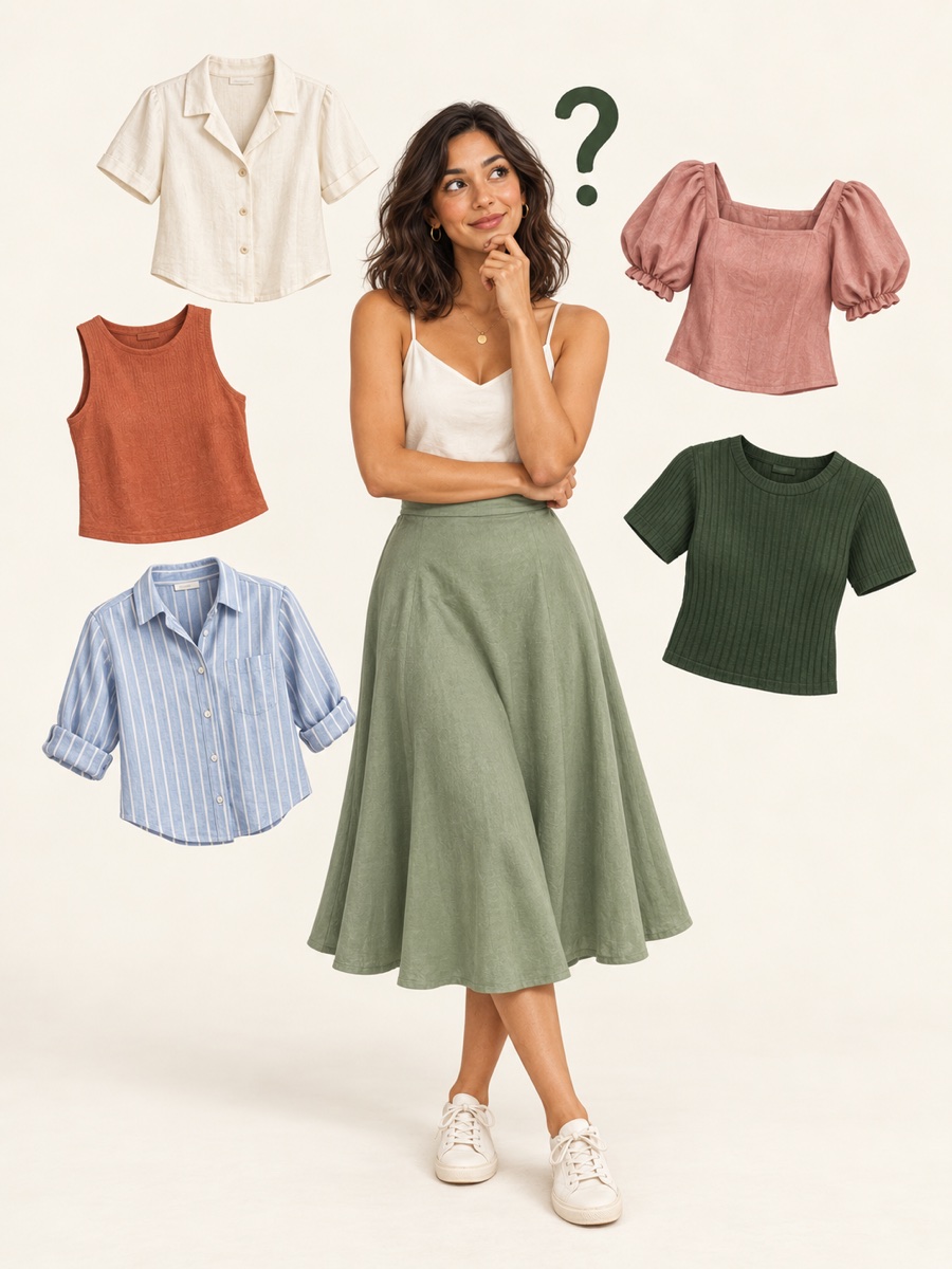 A fictional adult woman considering tops to wear with a green skirt; AI-created style inspiration.